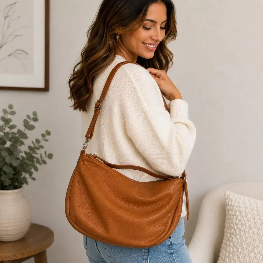 Giulia Massari Cognac Leather Hobo Shoulder Bag NWT Slouchy Purse